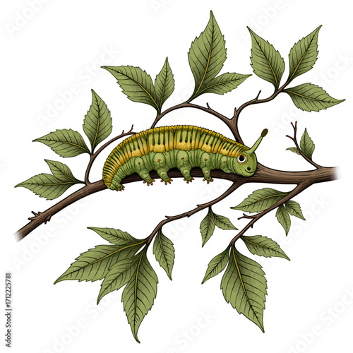 A detailed and realistic vintage-style illustration of a large green caterpillar resting on a leafy branch, a beautiful depiction of entomology and natural history.
