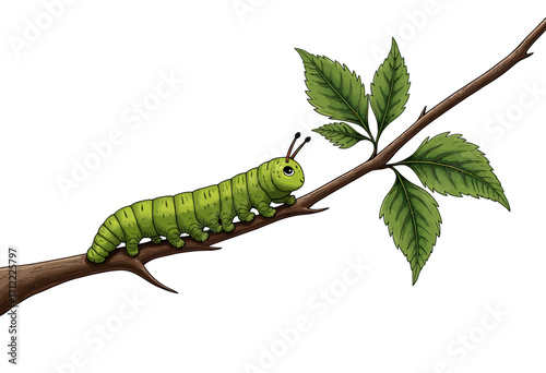 A simple and charming illustration of a green caterpillar crawling on a leafy branch, a cute and educational depiction of an insect in its natural environment.
