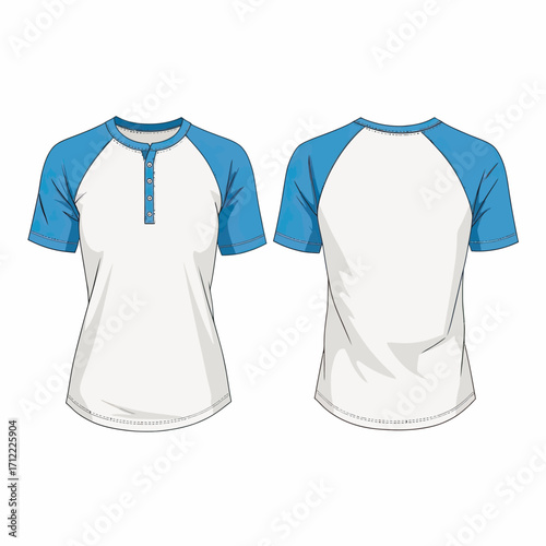 A classic men's raglan sleeve Henley shirt mockup, shown in a clean technical drawing with front and back views for a versatile and timeless fashion template.
