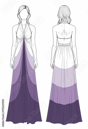 A beautiful and ethereal halter neck maxi dress mockup with a flowing, layered skirt, shown in both an outline and a purple ombre version for a complete design template.
