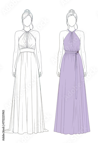 A graceful and elegant halter neck maxi dress mockup, shown in a simple outline and a lovely lilac version, a perfect template for formal or summer fashion design.
