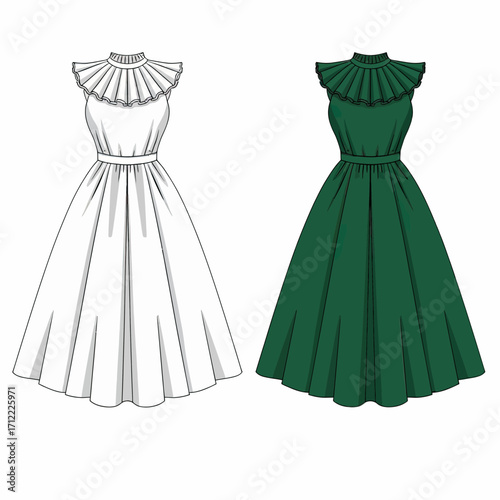 An elegant vintage-style dress mockup with a ruffled collar and A-line skirt, shown in both a simple outline and a colored green version for fashion design.
