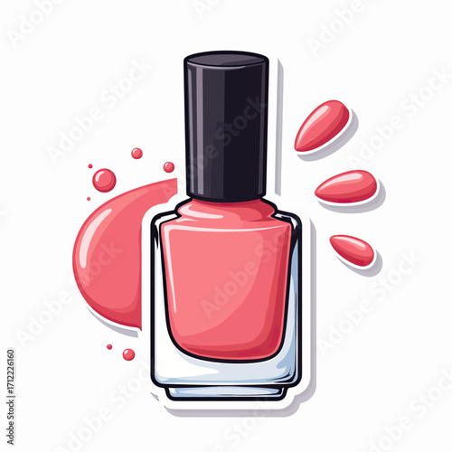 A vibrant and playful sticker-style illustration of a pink nail polish bottle with splashes, a chic and modern icon for beauty, manicures, and cosmetics.
