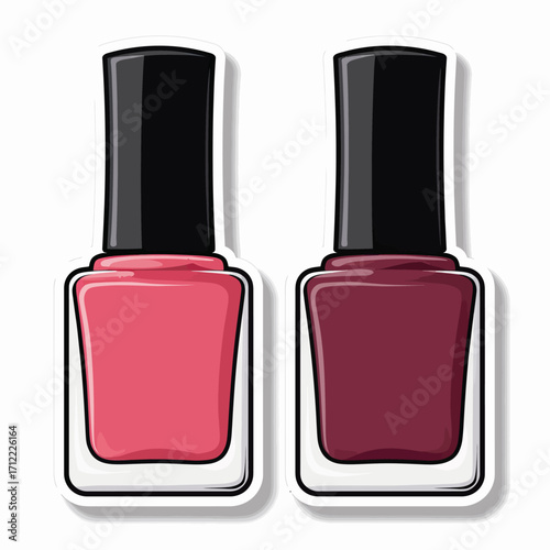 A chic and modern sticker-style illustration of two nail polish bottles in shades of pink and burgundy, a stylish icon for manicures, beauty, and cosmetics.
