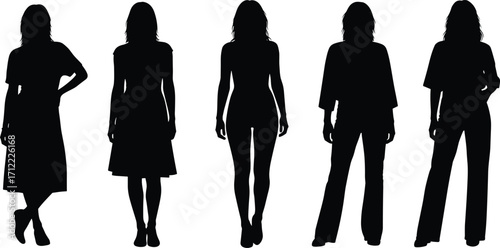 Fashion female silhouettes in various stylish outfits and poses, vector illustration for clothing design, style diversity, and modern apparel concepts