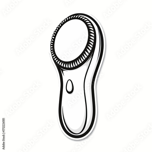 A simple black and white sticker-style illustration of a sonic facial cleansing brush, a modern icon for skincare, beauty routines, and dermatological technology.

