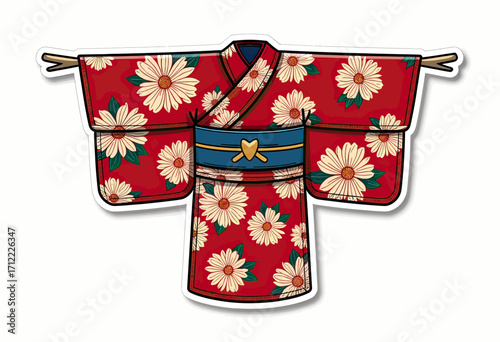 A vibrant sticker-style illustration of a traditional Japanese kimono in red with a beautiful white daisy pattern, a charming symbol of summer and cultural beauty.
