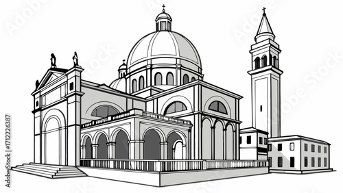 Architectural illustration of a cathedral with a dome and bell tower grayscale drawing religious building church design historical building european architecture classic architecture relig.