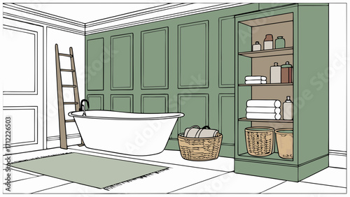Bathroom interior design green wall paneling bathtub storage unit towels baskets rug ladder home decor elegant bathroom spa-like bathroom modern bathroom contemporary bathroom clean.