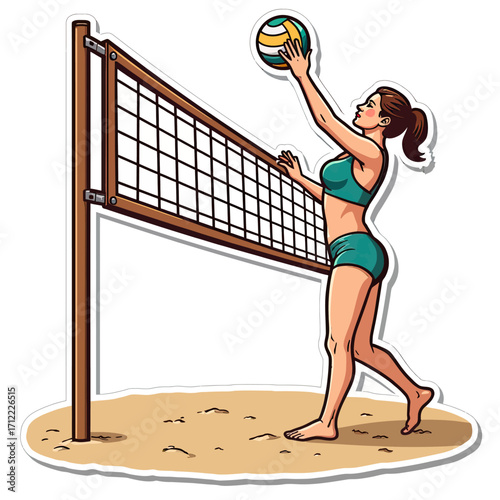 A sticker-style illustration of a female volleyball player serving the ball on a sand court, a focused and athletic depiction of a popular summer team sport.
