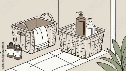 Bathroom storage baskets with toiletries and towel home organization neutral colors illustration.