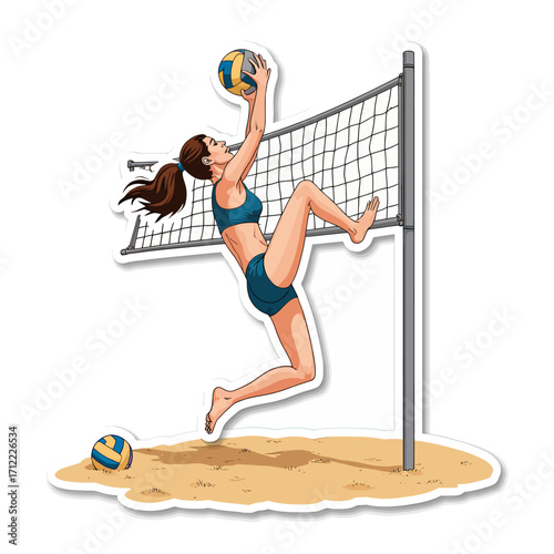 A dynamic sticker-style illustration of a female volleyball player jumping high to spike the ball, a powerful and energetic depiction of athletic skill and action.
