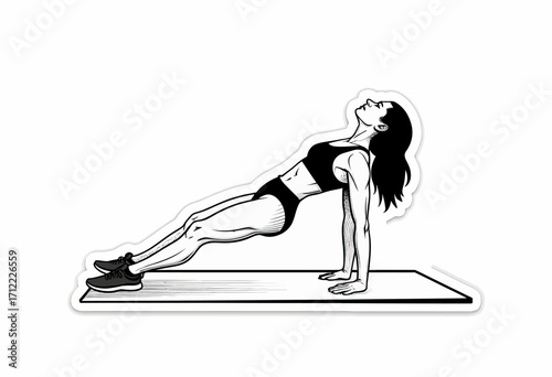 A powerful black and white sticker-style illustration of a fit woman holding a reverse plank pose, a symbol of core strength, fitness, and body control.
