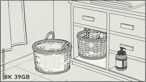 Bathroom storage baskets woven containers home organization interior design illustration.