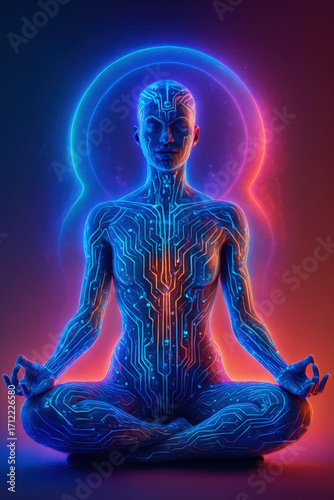 Cyber-Zen: A serene figure, adorned with a futuristic circuit-board design, enters a meditative state, encircled by an ethereal neon glow that embodies inner peace and technological fusion. 