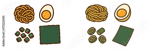 Collection of popular ramen noodle soup ingredients such as dried noodles, a halved boiled egg, chopped green onions, and nori seaweed