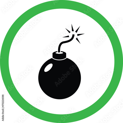 Art of black bomb with a lit fuse inside a green circle