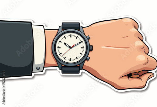A classic and elegant analog wristwatch on a person's wrist, a sticker-style illustration symbolizing professionalism, punctuality, and timeless style.

