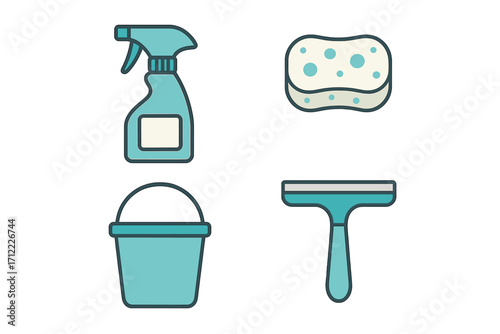 Various essential household cleaning supplies and tools for domestic chores, hygiene, and sanitation tasks around the home