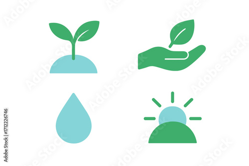Environmental symbols illustrating plant sprout, hand holding leaf, water drop, and rising sun over a hill