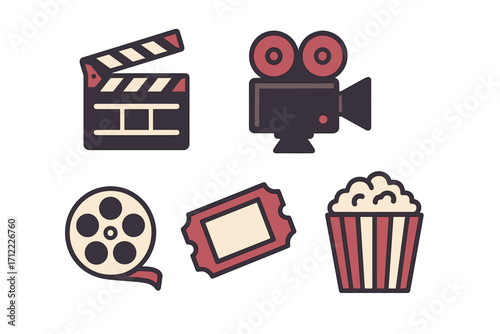Collection of cinema and movie related icons including clapperboard, film camera, reel, ticket, and popcorn