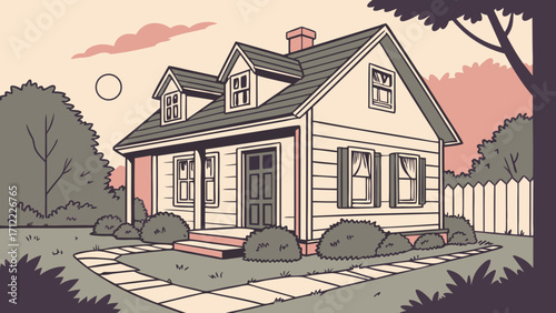 Charming Suburban House Illustration Home Exterior Design Cute Cottage Residential Property Family Home House Drawing Cartoon House Home Sweet Home Real Estate Graphic Property Illustrat.