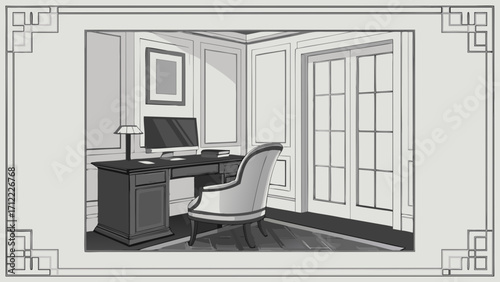 Classic Home Office Desk Sketch Interior Design Illustration Workspace Drawing.