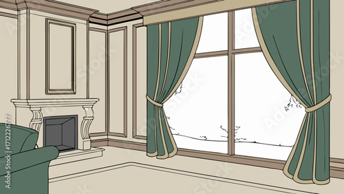 Classic living room interior design with fireplace and large window cozy home decor illustration.