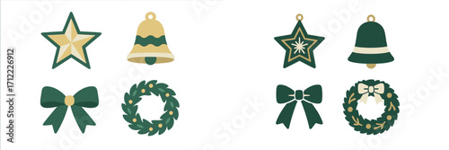 Festive season ornaments collection featuring stars, bells, bows, and wreaths in elegant green and gold hues