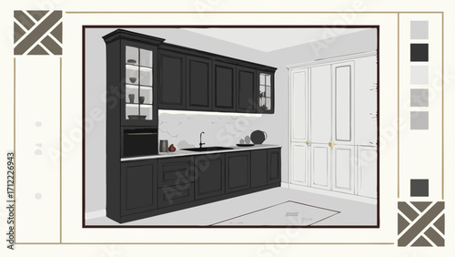 Contemporary Kitchen Design Dark Cabinets Modern Interior Home Decor Room Plan Architectural Sketch Grey and White Kitchen Elegant Kitchen Illustration Kitchen Visualization Home Renovat.