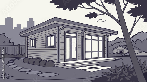 Contemporary Suburban House Exterior Design Illustration Modern Home Architecture Drawing Backyard Garden Landscape Plan Simple Home Exterior Cottage Style House Plan Residential Building Sk.