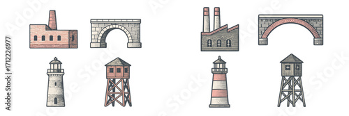 Set of vintage-style industrial buildings, arched bridges, coastal lighthouses, and rustic water towers