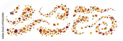 Fall leaves flying, falling in wind. Autumn leaf swirls, spins, motion. Seasonal foliage movement, dynamic flow, whirl. Botanical decoration set. Flat vector illustration isolated on white background