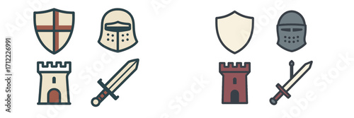 Historical medieval symbols featuring knight helmets, protective shields, sharp swords, and strong castle towers