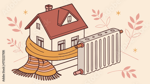 Cozy Home Warm Winter Heating System House Illustration Autumn Design Radiator Scarf Cottagecore Style.