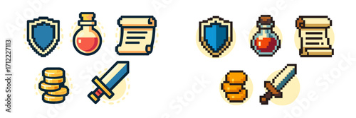 Collection of retro pixel art fantasy game items including shield, potion, scroll, coins, and sword for video games