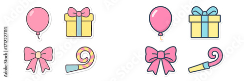 Vibrant collection of celebration elements featuring pink balloons, yellow gift boxes with bows, and festive party blowers for events