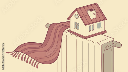 Cozy house illustration warm home heating winter scarf radiator hygge home comfort housewarming apartment real estate property dwelling building architecture design illustration.