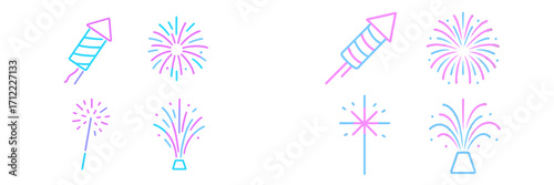 Collection of festive firework icons with rockets, sparklers, and bursting explosions in vibrant neon colors