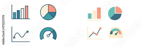 Collection of business data visualization charts and graphs with pie, bar, line, and speedometer elements