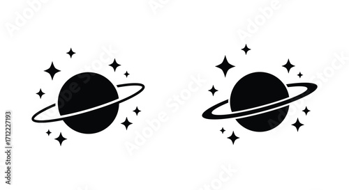 Two simple black planet icons with rings and surrounding stars