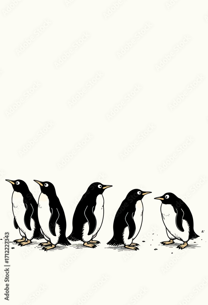 Obraz premium A minimalist illustration of a group of Adelie penguins with reflections, set against a vast, empty cream background with ample copy space for text. 