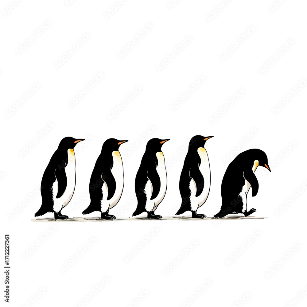 Obraz premium A charming and humorous illustration of five penguins walking in a line, with the last one sadly looking down, conveying a concept of individuality or feeling left out. 
