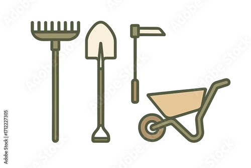 Collection of essential gardening tools including rake shovel hoe and wheelbarrow for outdoor landscaping and planting activities