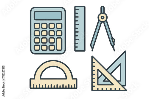 Collection of essential school and office supplies including calculator, ruler, compass, protractor, and set square for mathematics and geometry