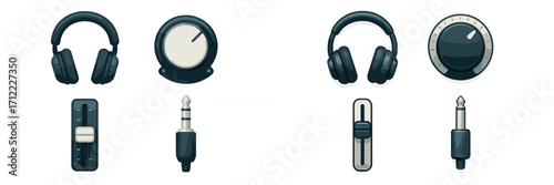 Collection of modern audio equipment icons including headphones, volume knob, equalizer slider, and audio jack