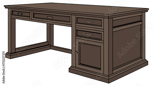 Dark Brown Wooden Desk with Drawers and Cabinet Office Furniture Home Decor Illustration.
