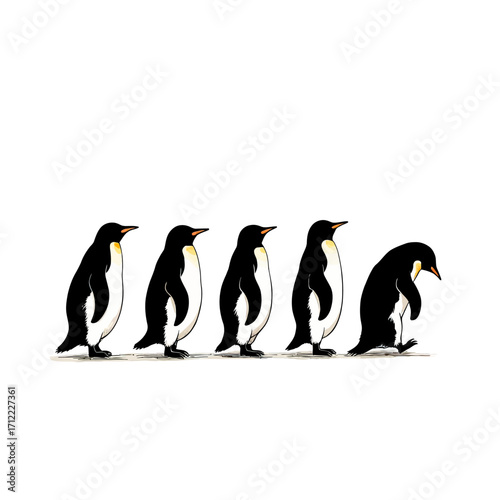 A charming and humorous illustration of five penguins walking in a line, with the last one sadly looking down, conveying a concept of individuality or feeling left out.
