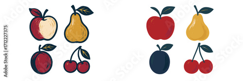 Vibrant organic fruit selection with red apples, yellow pears, purple plums, and red cherries, presented in a rustic textured style