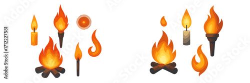 Assortment of glowing fire elements including lit candles, blazing torches, cozy campfires, and abstract flame shapes